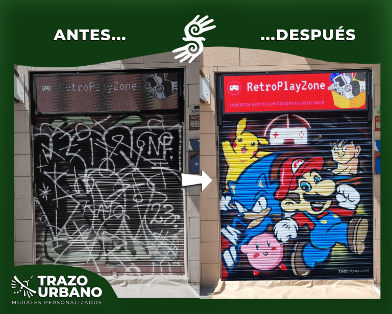 Antes y Después de persiana pintada por muralista personalizado